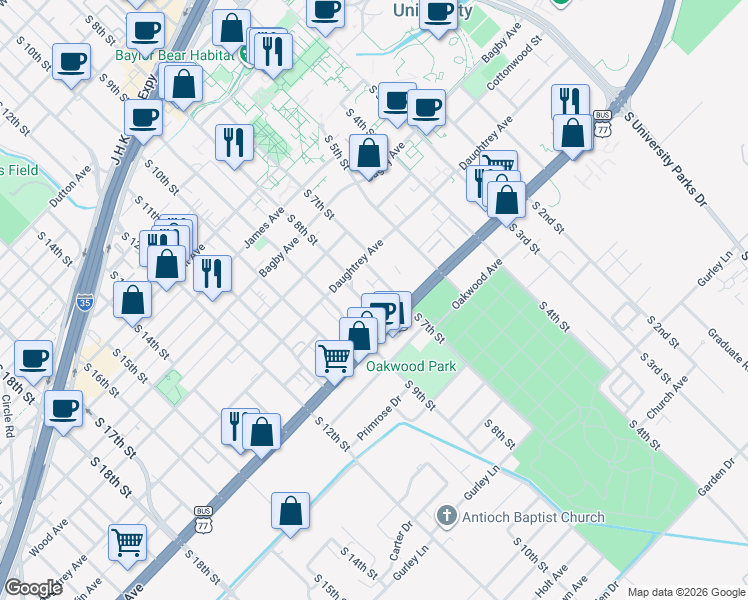 map of restaurants, bars, coffee shops, grocery stores, and more near 2022 South 8th Street in Waco