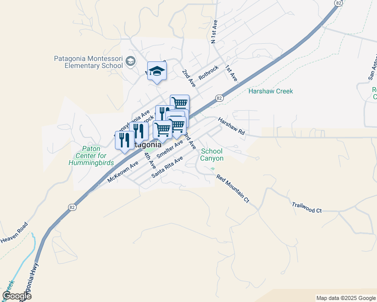 map of restaurants, bars, coffee shops, grocery stores, and more near 318a Santa Rita Avenue in Patagonia