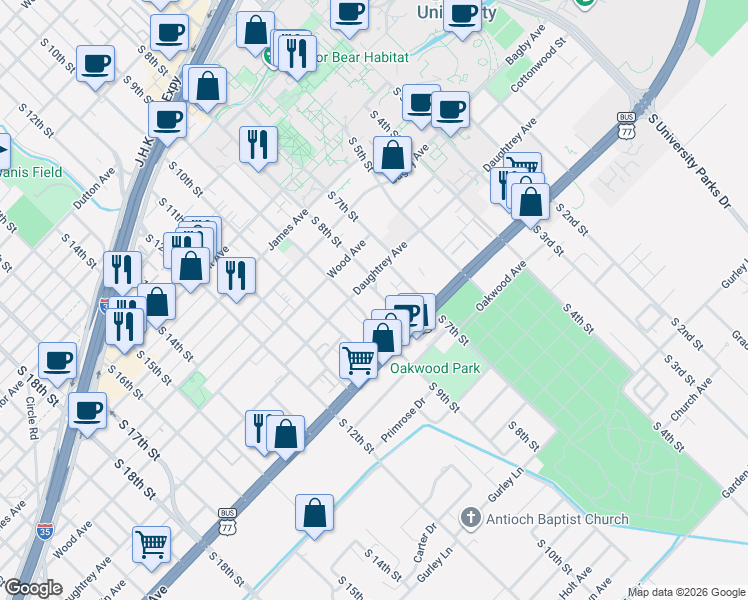 map of restaurants, bars, coffee shops, grocery stores, and more near 2012 South 9th Street in Waco