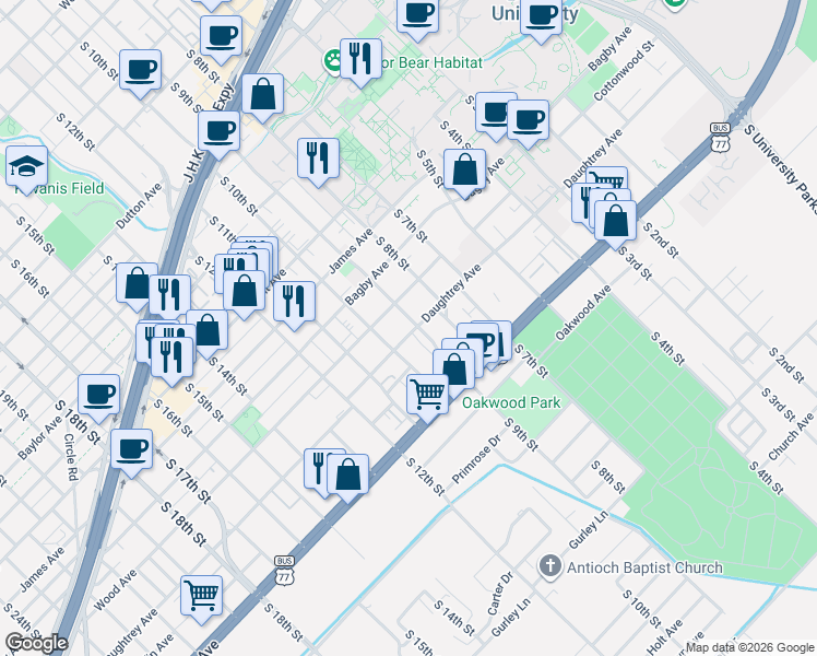 map of restaurants, bars, coffee shops, grocery stores, and more near 1922 South 10th Street in Waco