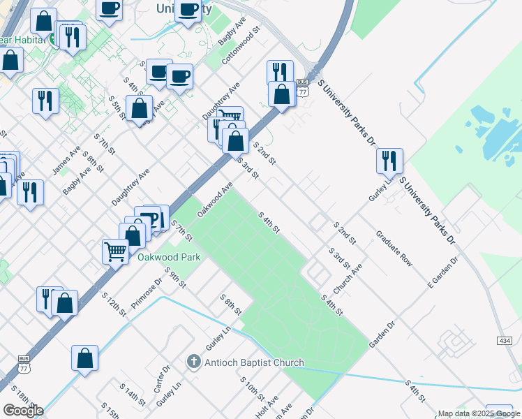map of restaurants, bars, coffee shops, grocery stores, and more near 2400 South 4th Street in Waco