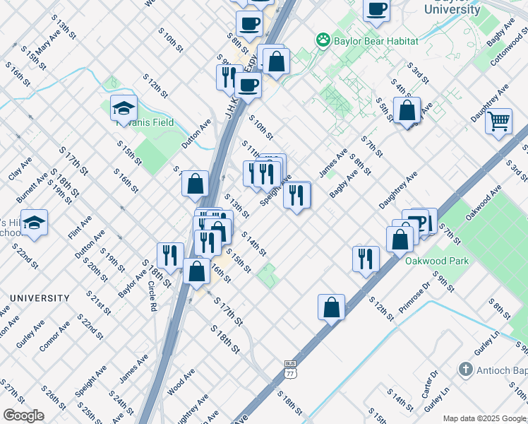 map of restaurants, bars, coffee shops, grocery stores, and more near 1214 Speight Avenue in Waco