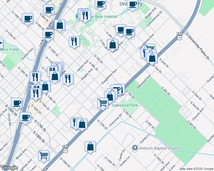 map of restaurants, bars, coffee shops, grocery stores, and more near 2012 South 9th Street in Waco