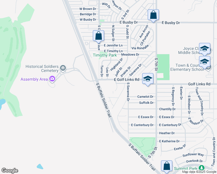 map of restaurants, bars, coffee shops, grocery stores, and more near 1454 Bonnie View Place in Sierra Vista