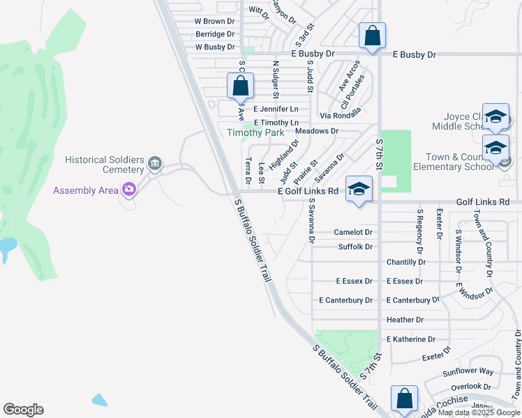 map of restaurants, bars, coffee shops, grocery stores, and more near 1454 Bonnie View Place in Sierra Vista