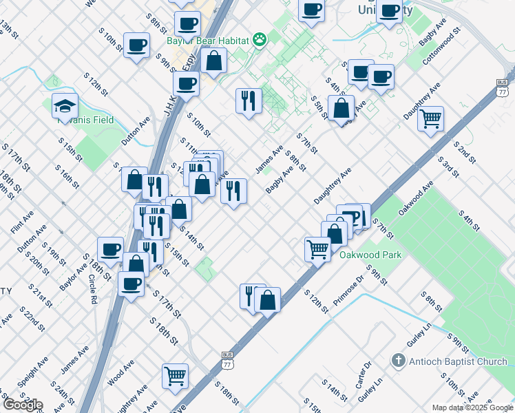 map of restaurants, bars, coffee shops, grocery stores, and more near 1727 South 11th Street in Waco