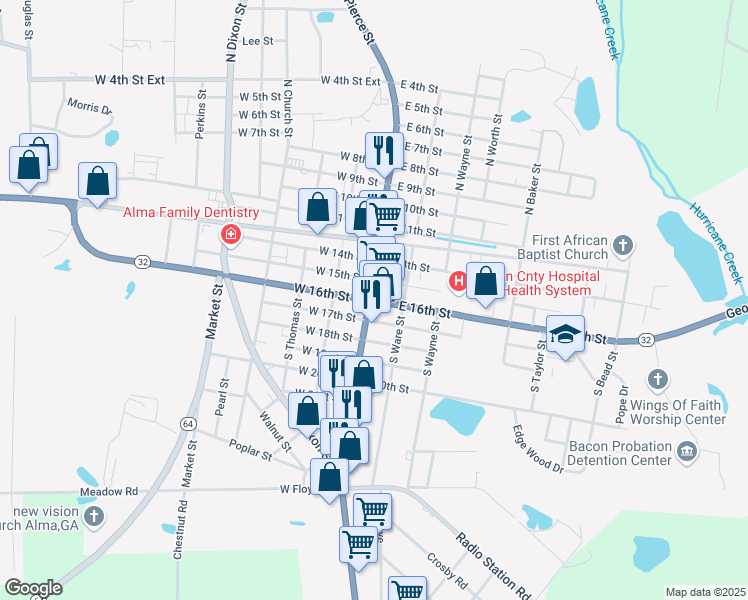 map of restaurants, bars, coffee shops, grocery stores, and more near 106 East 16th Street in Alma