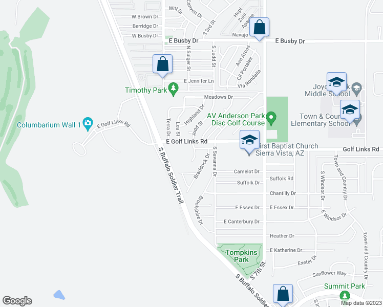 map of restaurants, bars, coffee shops, grocery stores, and more near 1426 Bonnie View Place in Sierra Vista