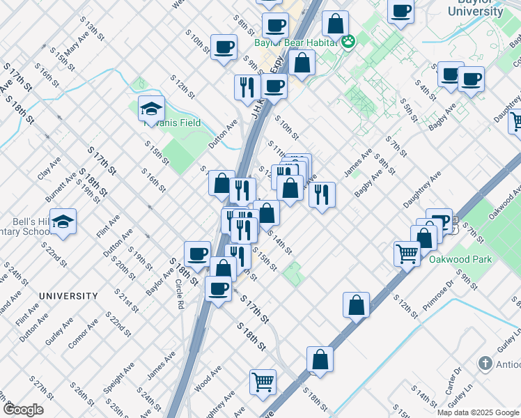 map of restaurants, bars, coffee shops, grocery stores, and more near 1303 Speight Avenue in Waco