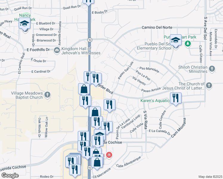 map of restaurants, bars, coffee shops, grocery stores, and more near 1445 Plaza Merito in Sierra Vista