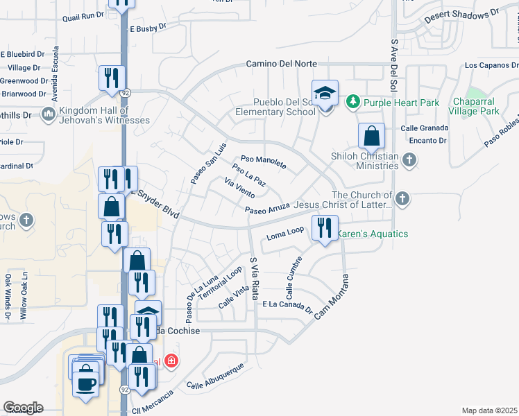 map of restaurants, bars, coffee shops, grocery stores, and more near 4825 Paseo Arruza in Sierra Vista