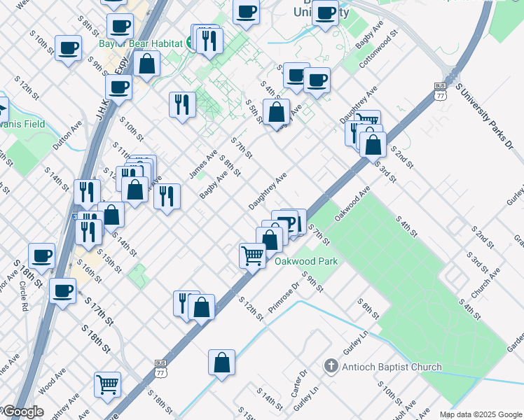 map of restaurants, bars, coffee shops, grocery stores, and more near 2009 South 8th Street in Waco