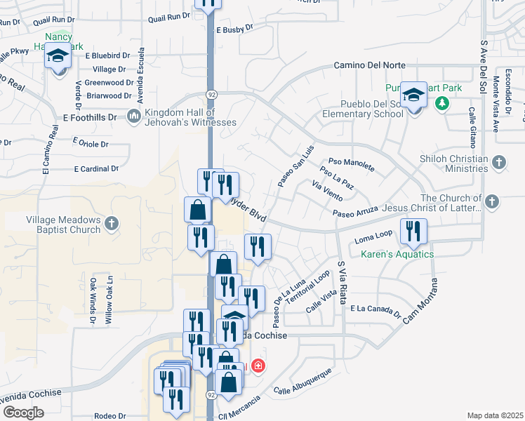 map of restaurants, bars, coffee shops, grocery stores, and more near 1445 Plaza Merito in Sierra Vista