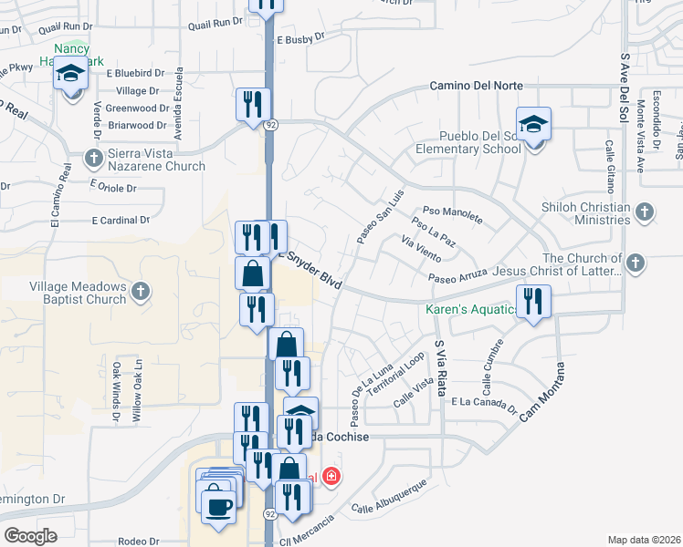 map of restaurants, bars, coffee shops, grocery stores, and more near 1437 Plaza Merito in Sierra Vista