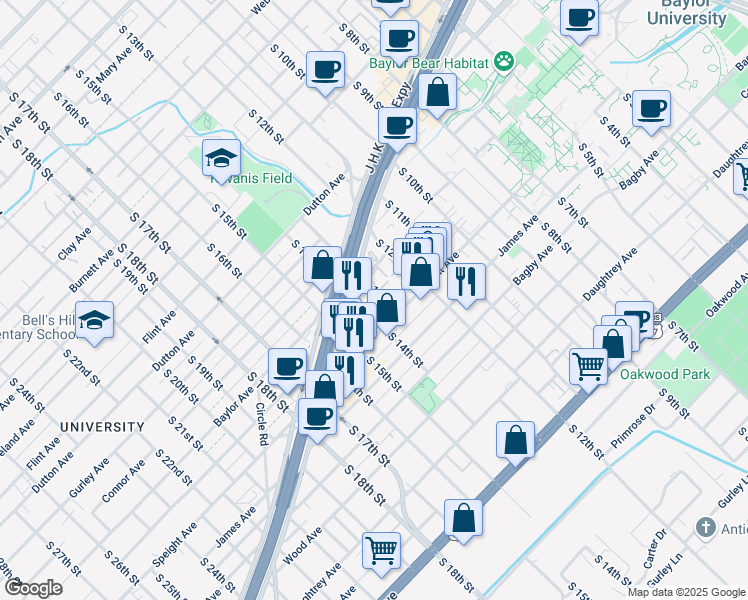 map of restaurants, bars, coffee shops, grocery stores, and more near 1333 Park Avenue in Waco