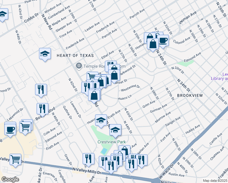 map of restaurants, bars, coffee shops, grocery stores, and more near 4001 Huaco Lane in Waco