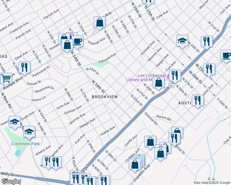 map of restaurants, bars, coffee shops, grocery stores, and more near 3304 Morrow Avenue in Waco