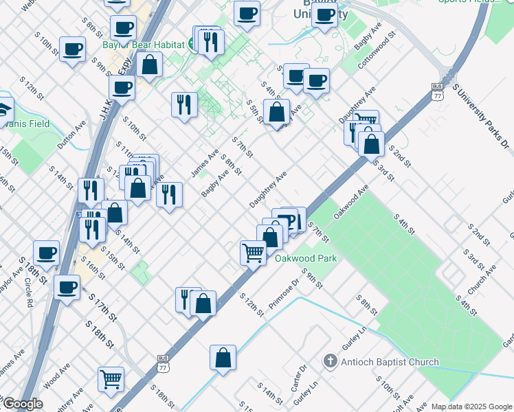 map of restaurants, bars, coffee shops, grocery stores, and more near 2012 South 9th Street in Waco