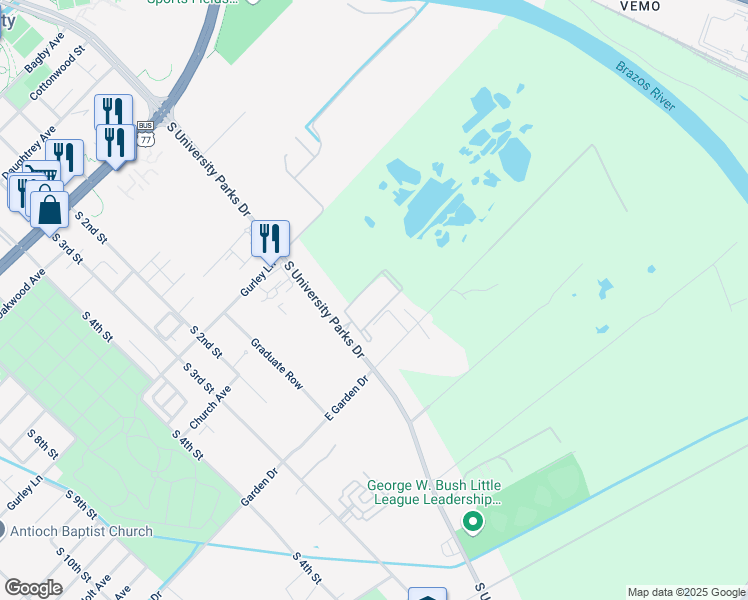 map of restaurants, bars, coffee shops, grocery stores, and more near 2826 South University Parks Drive in Waco