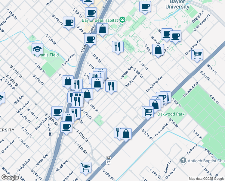 map of restaurants, bars, coffee shops, grocery stores, and more near 1120 James Avenue in Waco