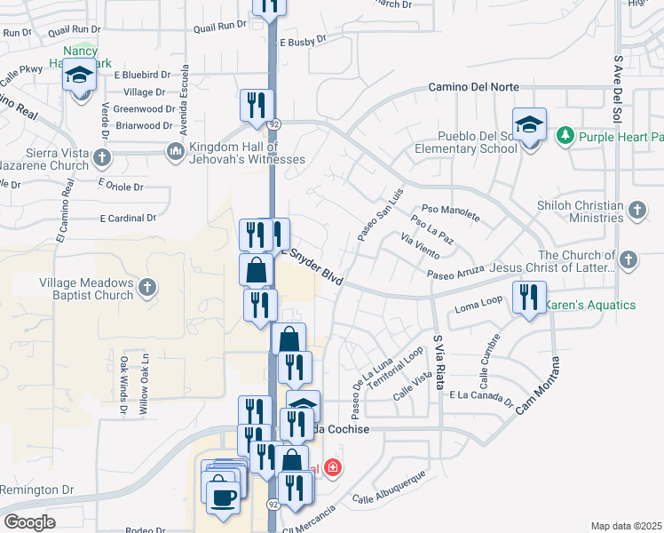 map of restaurants, bars, coffee shops, grocery stores, and more near 1445 Plaza Merito in Sierra Vista