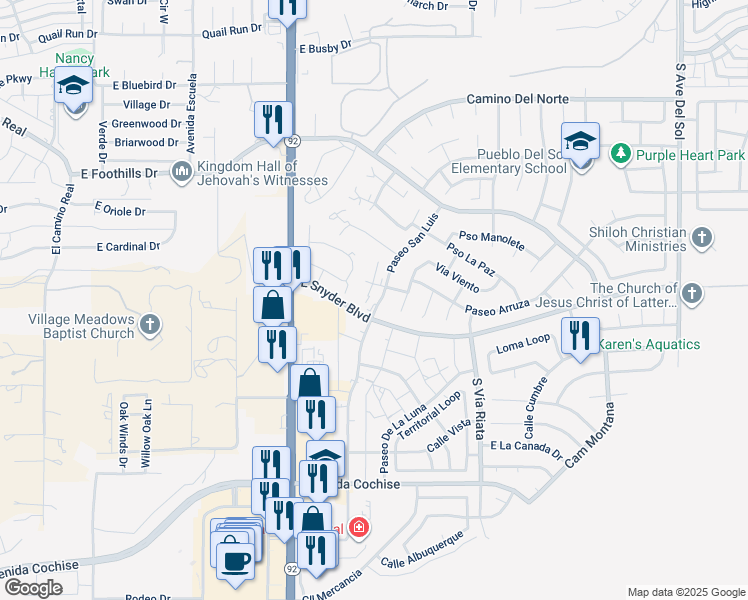map of restaurants, bars, coffee shops, grocery stores, and more near 1445 Plaza Merito in Sierra Vista