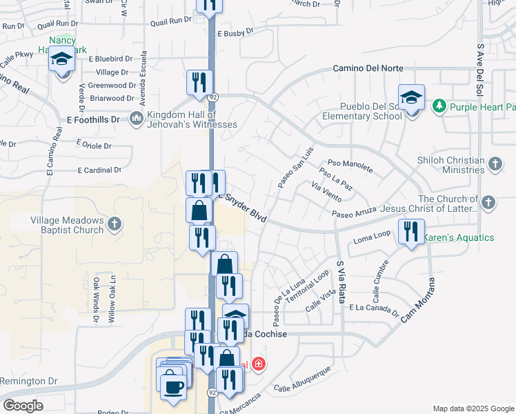 map of restaurants, bars, coffee shops, grocery stores, and more near 1445 Plaza Merito in Sierra Vista