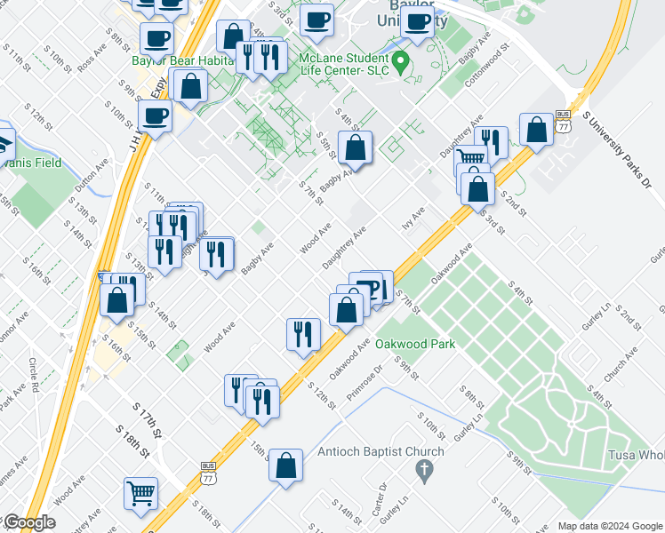 map of restaurants, bars, coffee shops, grocery stores, and more near 2012 South 9th Street in Waco