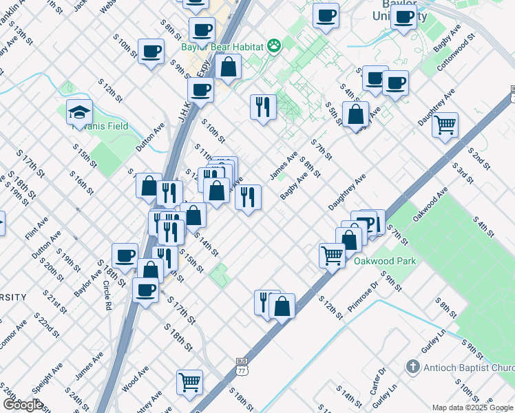 map of restaurants, bars, coffee shops, grocery stores, and more near 1727 South 11th Street in Waco