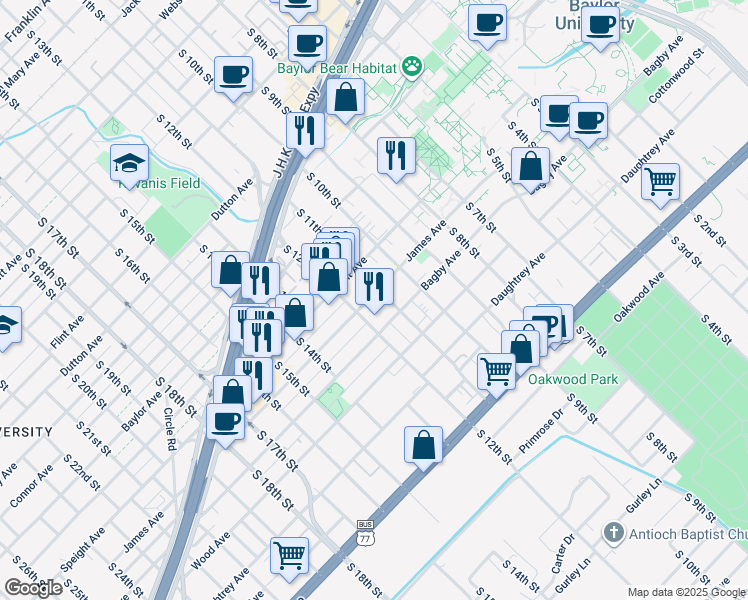 map of restaurants, bars, coffee shops, grocery stores, and more near 1120 James Avenue in Waco