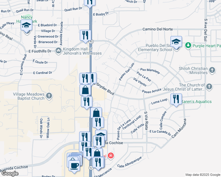 map of restaurants, bars, coffee shops, grocery stores, and more near 4260 Plaza Merito in Sierra Vista