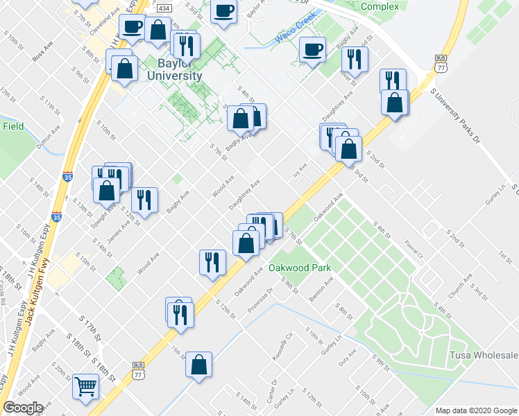 map of restaurants, bars, coffee shops, grocery stores, and more near 2022 South 8th Street in Waco