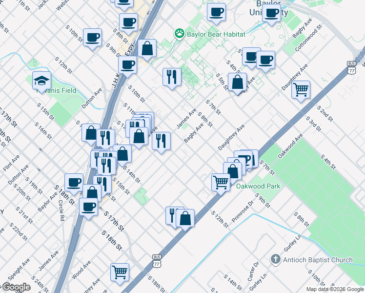 map of restaurants, bars, coffee shops, grocery stores, and more near 1009 Wood Avenue in Waco
