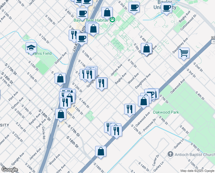 map of restaurants, bars, coffee shops, grocery stores, and more near 1727 South 11th Street in Waco