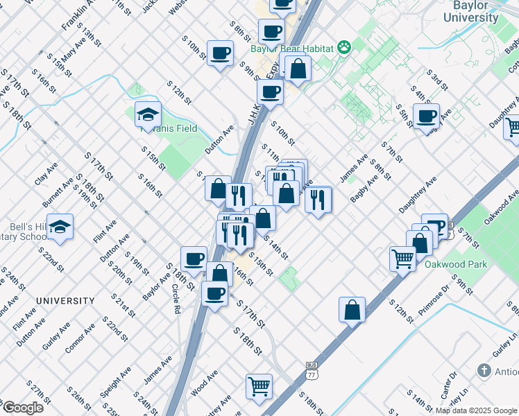 map of restaurants, bars, coffee shops, grocery stores, and more near 1303 Speight Avenue in Waco