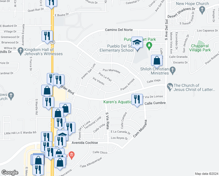 map of restaurants, bars, coffee shops, grocery stores, and more near 4810 Vía Viento in Sierra Vista