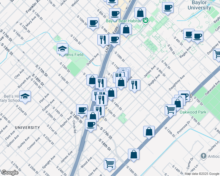 map of restaurants, bars, coffee shops, grocery stores, and more near 1303 Speight Avenue in Waco