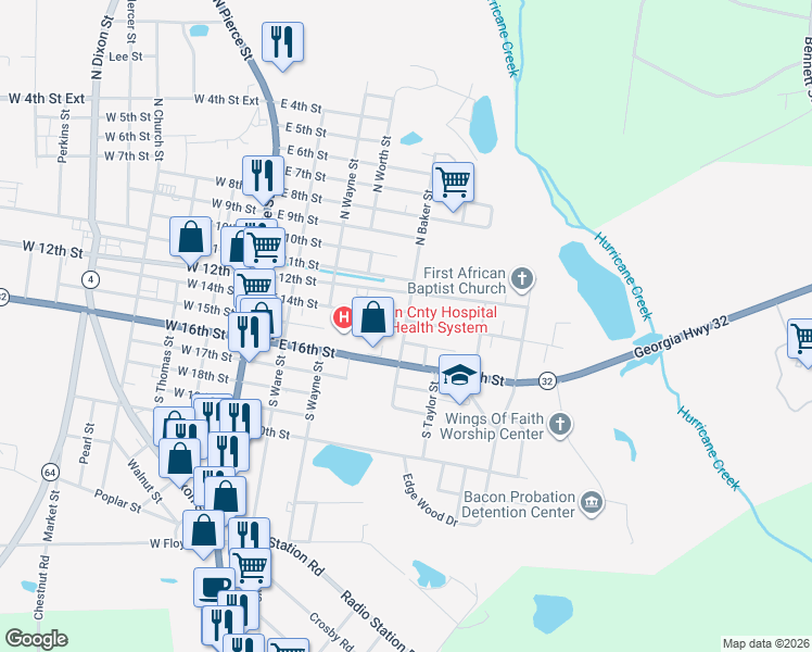 map of restaurants, bars, coffee shops, grocery stores, and more near 305 South Baker Street in Alma