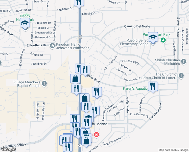 map of restaurants, bars, coffee shops, grocery stores, and more near 1445 Plaza Merito in Sierra Vista