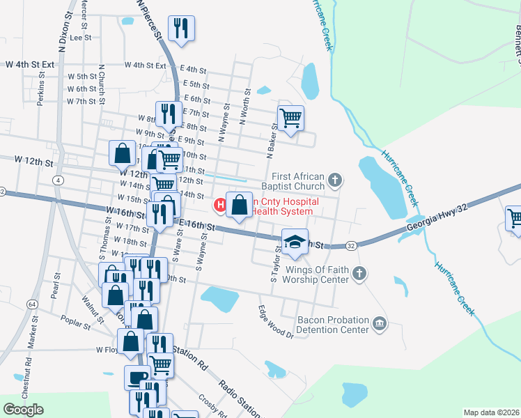 map of restaurants, bars, coffee shops, grocery stores, and more near 305 South Baker Street in Alma
