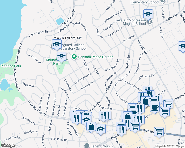 map of restaurants, bars, coffee shops, grocery stores, and more near 2031 Trinity Drive in Waco