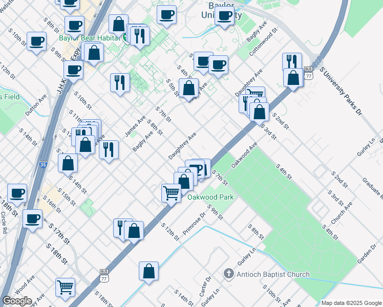 map of restaurants, bars, coffee shops, grocery stores, and more near 2022 South 8th Street in Waco