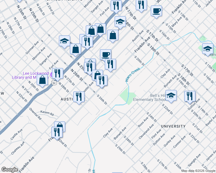 map of restaurants, bars, coffee shops, grocery stores, and more near 2400 Franklin Avenue in Waco