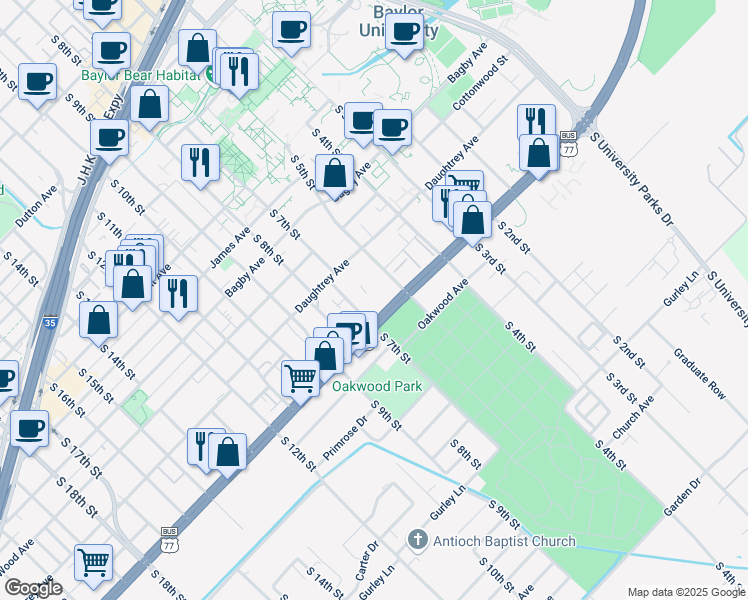 map of restaurants, bars, coffee shops, grocery stores, and more near 2001 South 5th Street in Waco