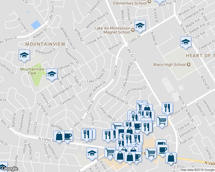 map of restaurants, bars, coffee shops, grocery stores, and more near 5337 Cobbs Drive in Waco