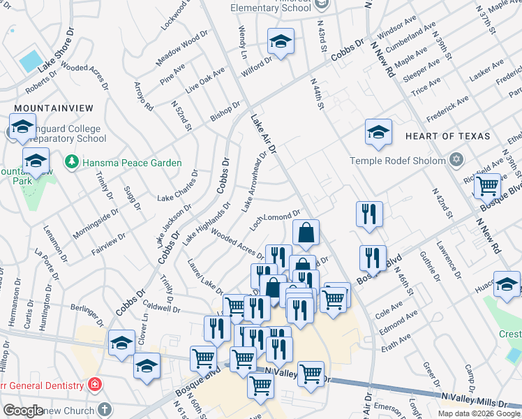 map of restaurants, bars, coffee shops, grocery stores, and more near 4907 Lake Englewood Drive in Waco