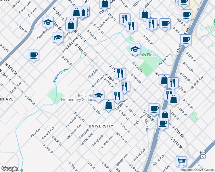 map of restaurants, bars, coffee shops, grocery stores, and more near 1800 Ross Avenue in Waco