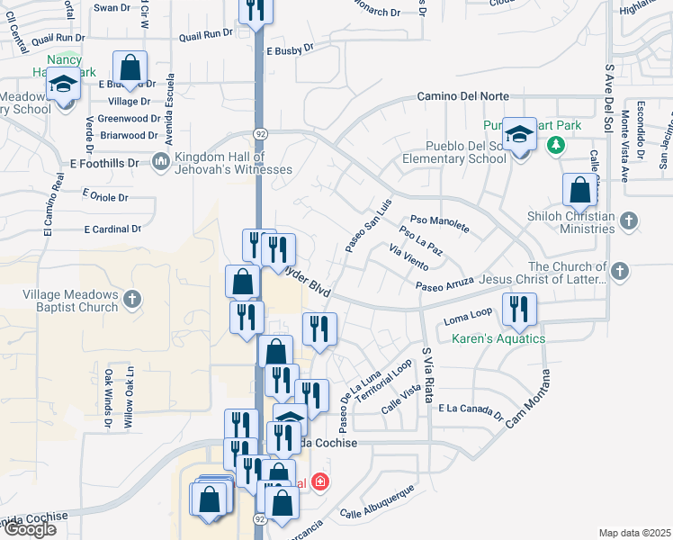 map of restaurants, bars, coffee shops, grocery stores, and more near 1360 Paseo San Luis in Sierra Vista