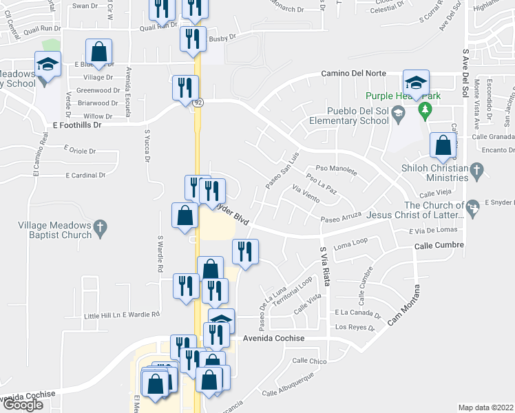map of restaurants, bars, coffee shops, grocery stores, and more near 1417 Plaza Merito in Sierra Vista