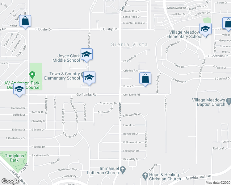 map of restaurants, bars, coffee shops, grocery stores, and more near 2193 Golf Links Road in Sierra Vista